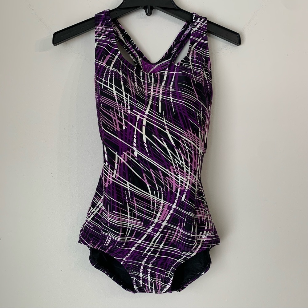 AQUA Shape Ocean One Piece Swim Suit Black and Purple Size 12.